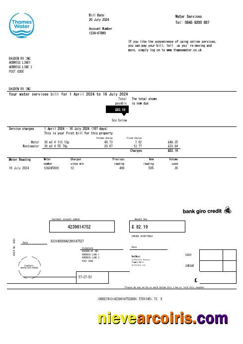 United Kingdom Thames Water business utility bill